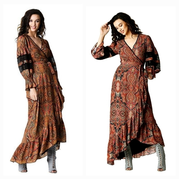 WAYWARD FANCIES     eShakti Ruffle Paisley Print Crepe Lace Trim Wrap Dress‎ - Picture 1 of 4